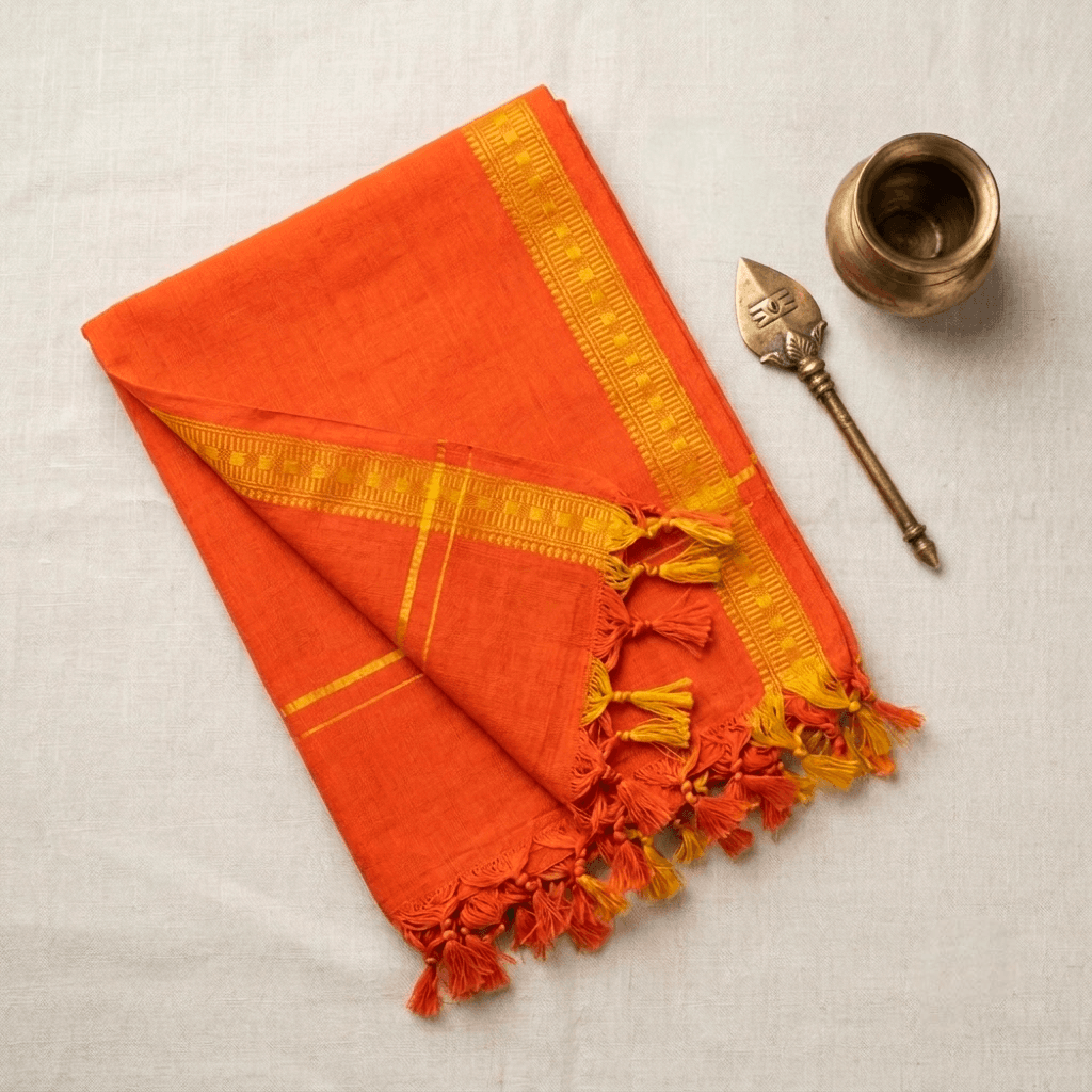 Oscar Fabrics Premium 100% Cotton Temple Towel | Traditional Angavastram with Gold Zari Border & Tassels - Media 1