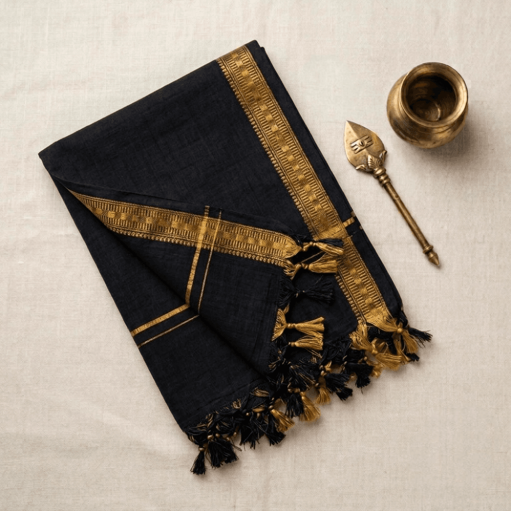 Oscar Fabrics Premium 100% Cotton Temple Towel | Traditional Angavastram with Gold Zari Border & Tassels