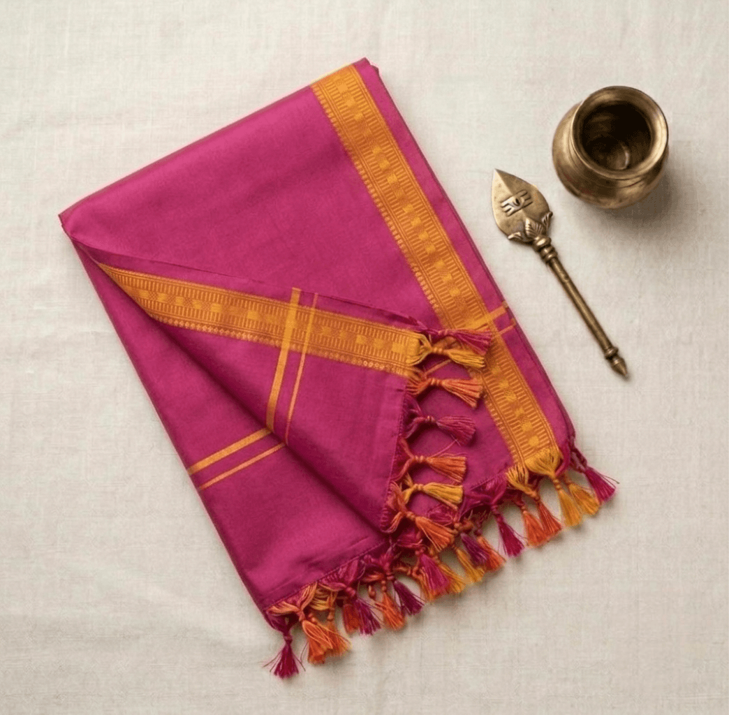 Oscar Fabrics Premium 100% Cotton Temple Towel | Traditional Angavastram with Gold Zari Border & Tassels - Media 1