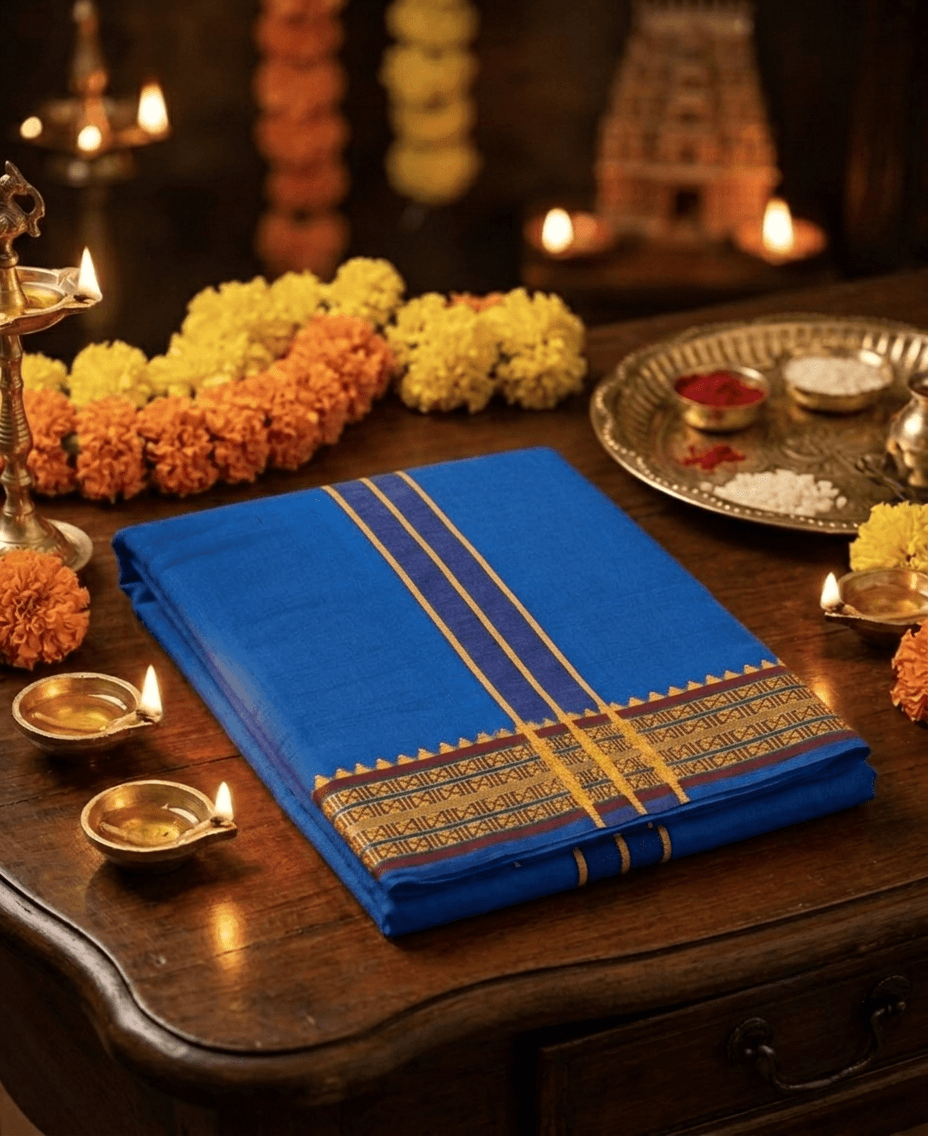 9x5 Pure Cotton Dhotis – Balaji Brand - Traditional Handloom Style Veshti with Intricate Zari Border - Media 1