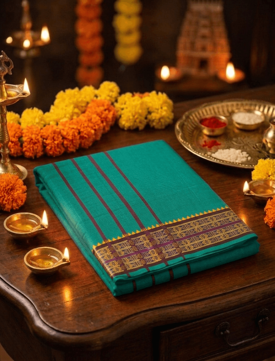 9x5 Pure Cotton Dhotis – Balaji Brand - Traditional Handloom Style Veshti with Intricate Zari Border