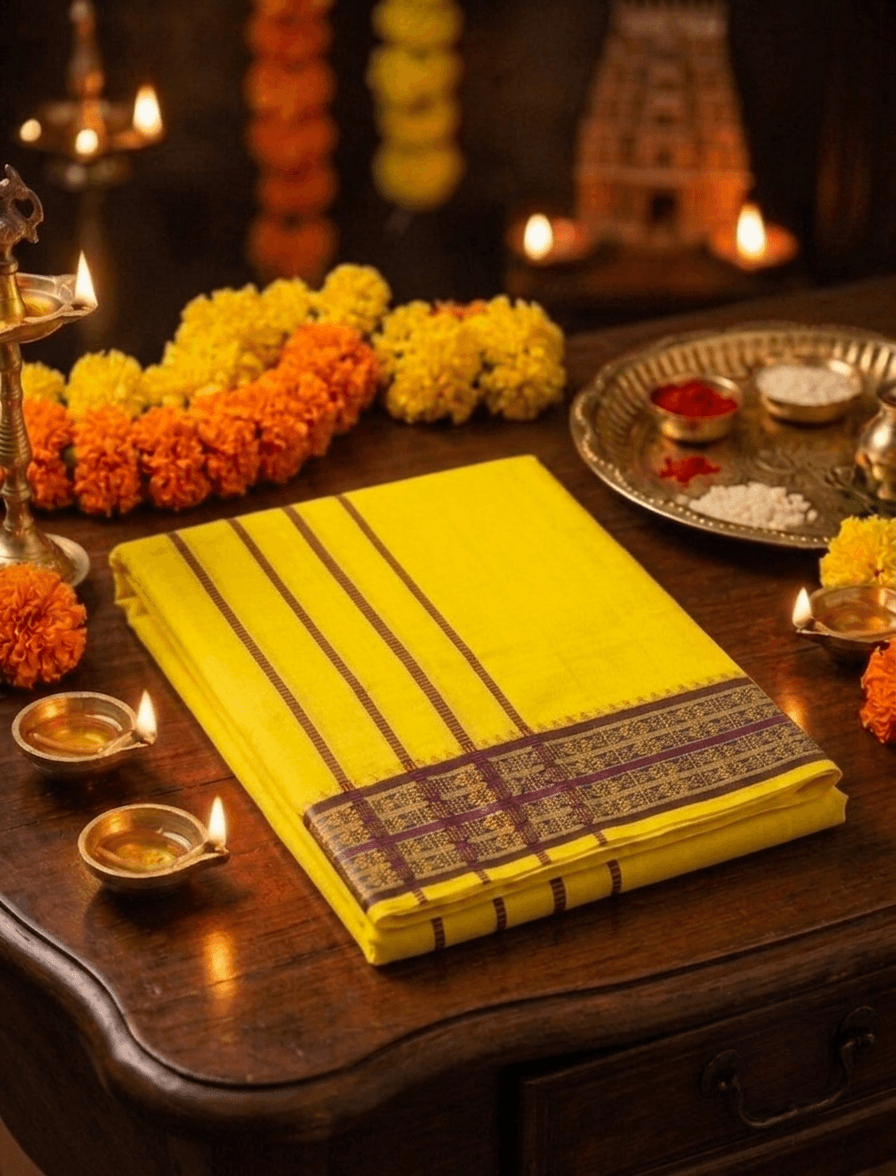 9x5 Pure Cotton Dhotis – Balaji Brand - Traditional Handloom Style Veshti with Intricate Zari Border - Media 1