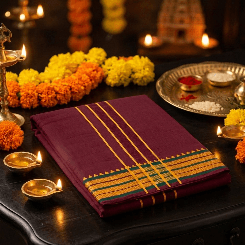 9x5 Pure Cotton Dhotis – Balaji Brand - Traditional Handloom Style Veshti with Intricate Zari Border - Media 1
