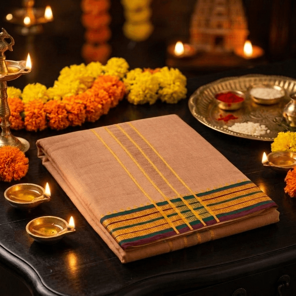 9x5 Pure Cotton Dhotis – Balaji Brand - Traditional Handloom Style Veshti with Intricate Zari Border - Media 1