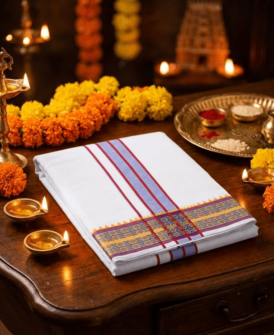 9x5 Pure Cotton Dhotis – Balaji Brand - Traditional Handloom Style Veshti with Intricate Zari Border