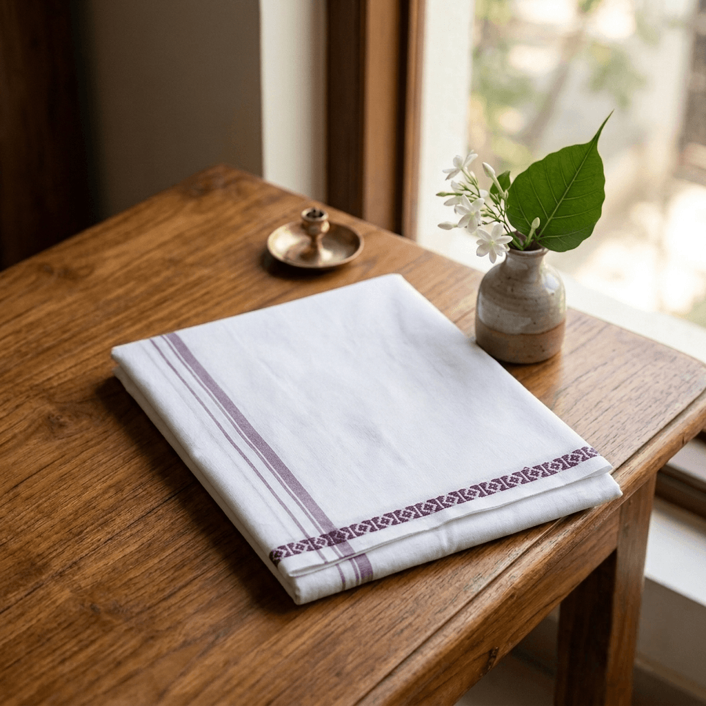 White Vesthi with Maroon Border - 100% Cotton