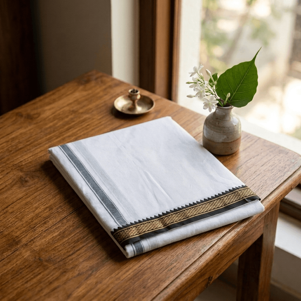 White Vesthi with Black Border - 100% Cotton - Media 1