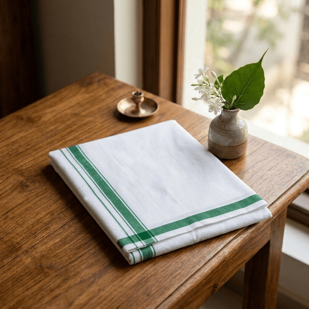 White Vesthi with Green Border - 100% Cotton