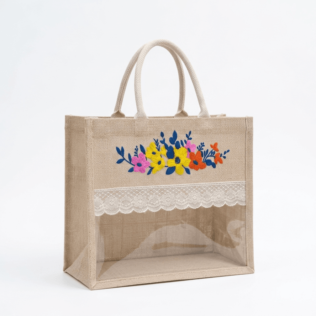 Jute Gift Bag with Lace & PVC Window - With Zip