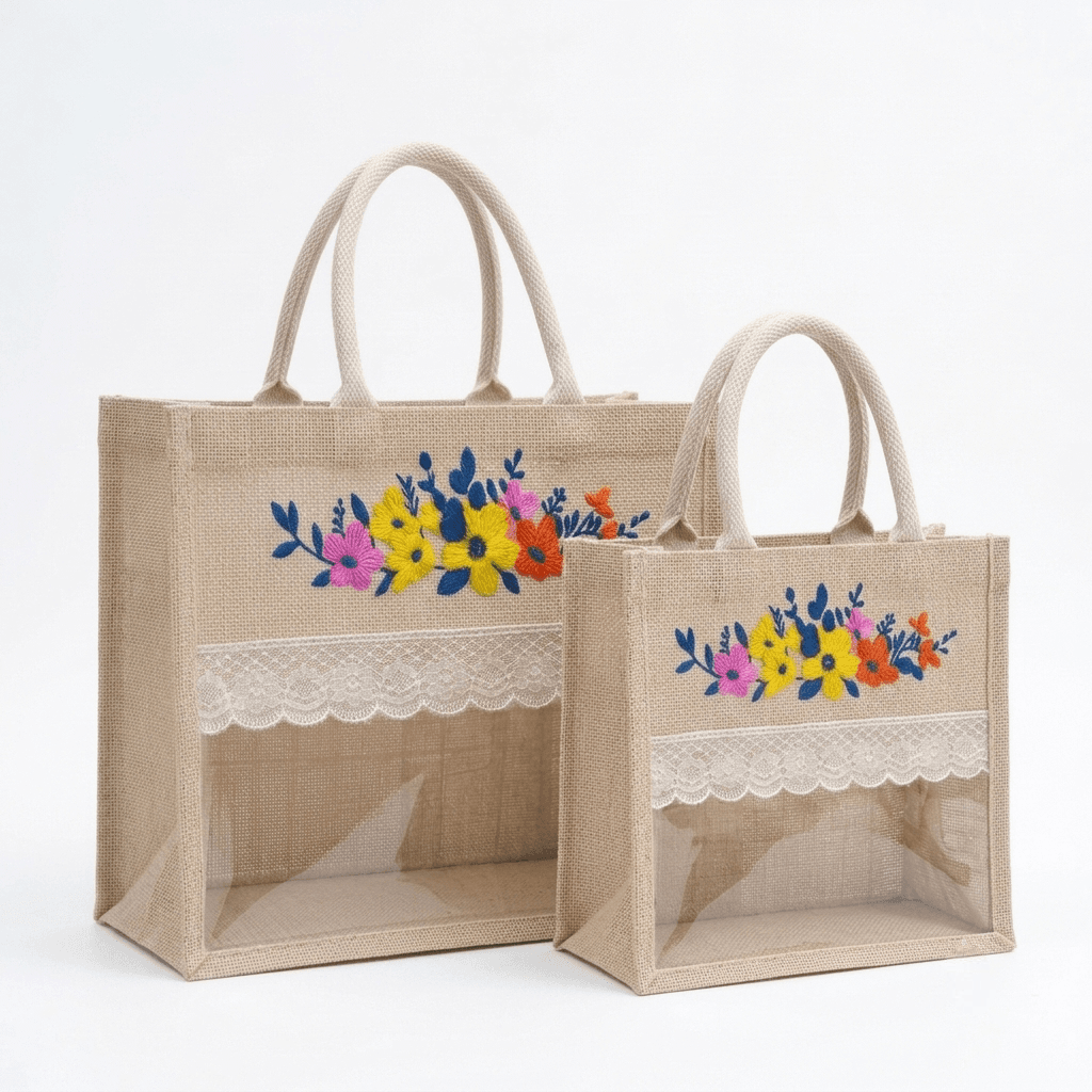 Jute Gift Bag with Lace & PVC Window - with zip