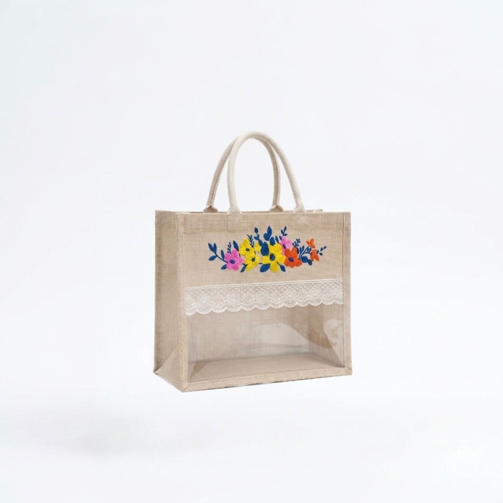 Jute Gift Bag with Lace & PVC Window - With Zip