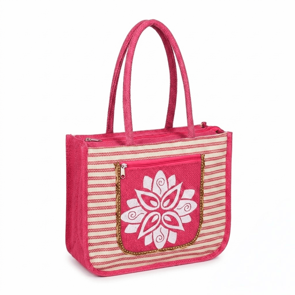 Jute Hand Bag with - Zip Closure - Media 1