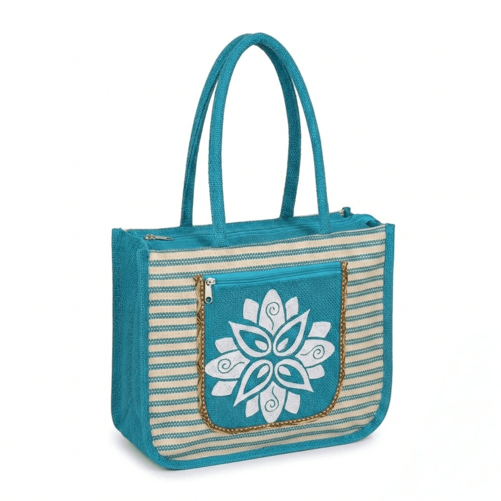 Jute Hand Bag with - Zip Closure