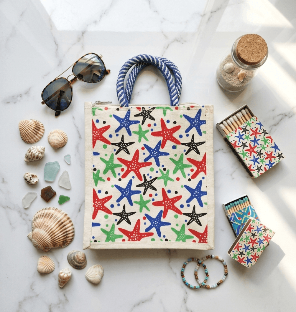 2 Printed Canvas Bag with Zip - Beach Theme